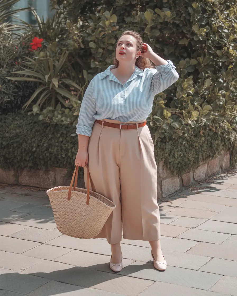 plussize spring 2026 fashion outfits Soft Stripes with Warm Neutral Culottes
