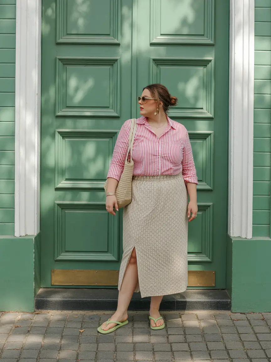 plussize spring 2026 fashion outfits Striped Sweetness with a Soft Neutral Midi