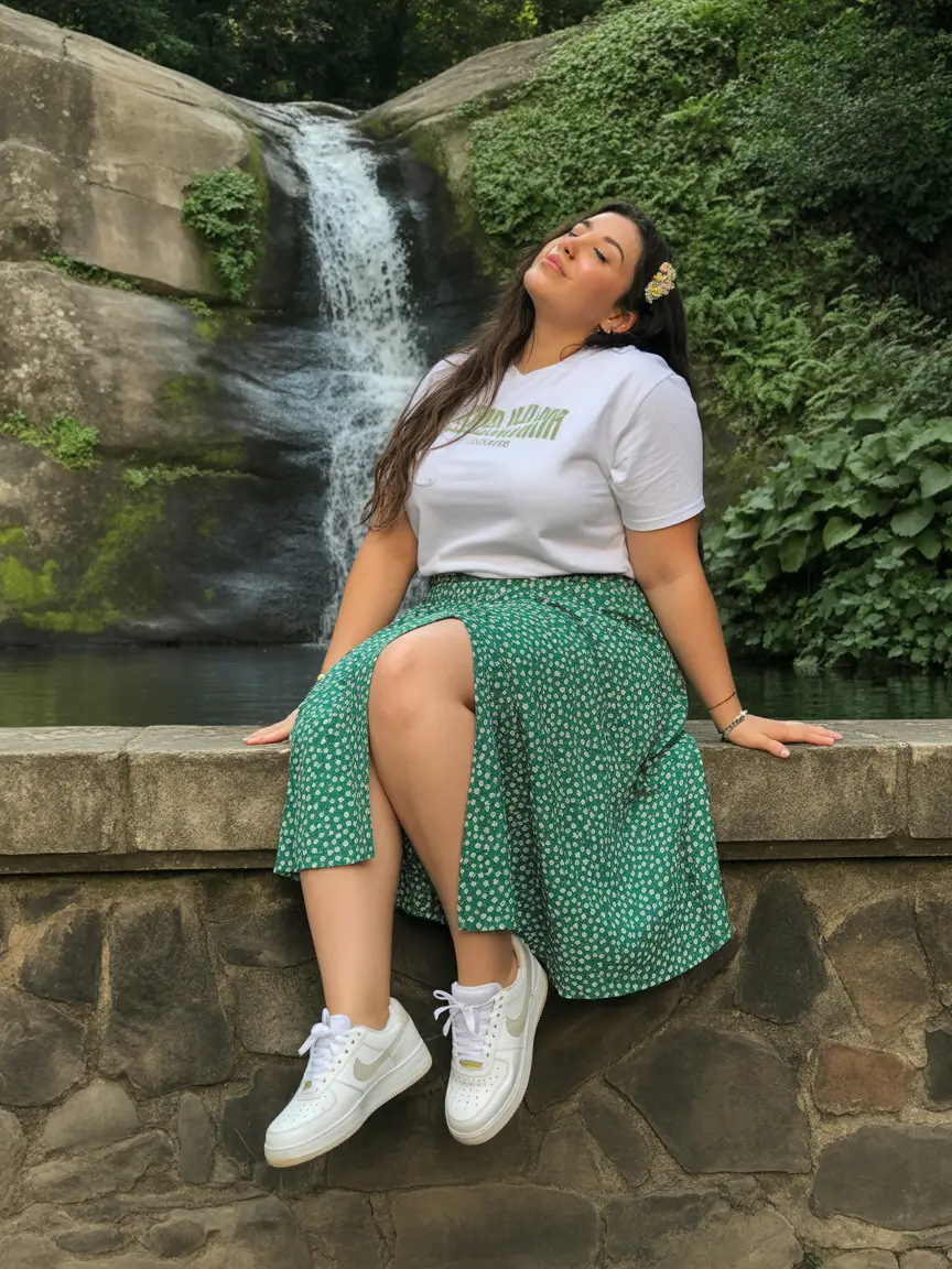 plussize spring 2026 fashion outfits Green Bloom Skirt with an Easy Graphic Tee
