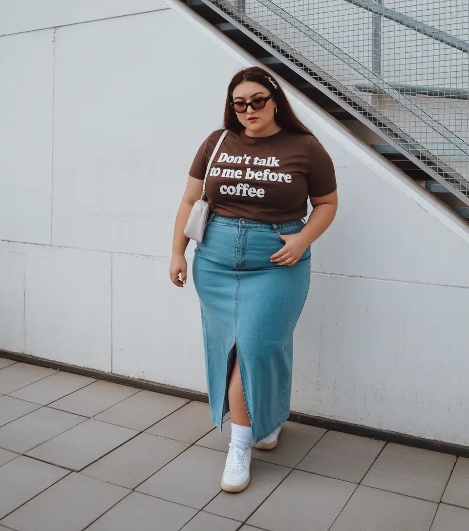 plussize spring 2026 fashion outfits Graphic Tee Sass with a Denim Midi Slit Skirt