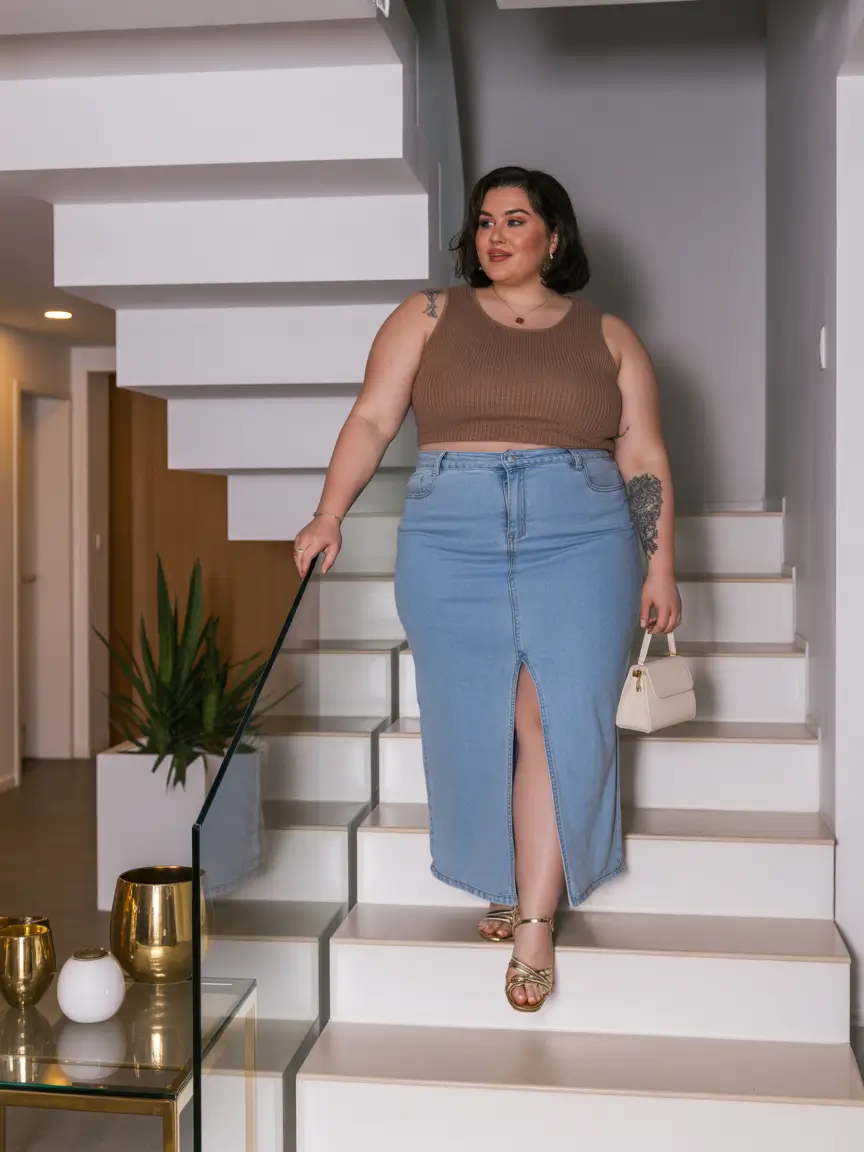 plussize spring 2026 fashion outfits Ribbed Crop Confidence with a Sleek Denim Maxi