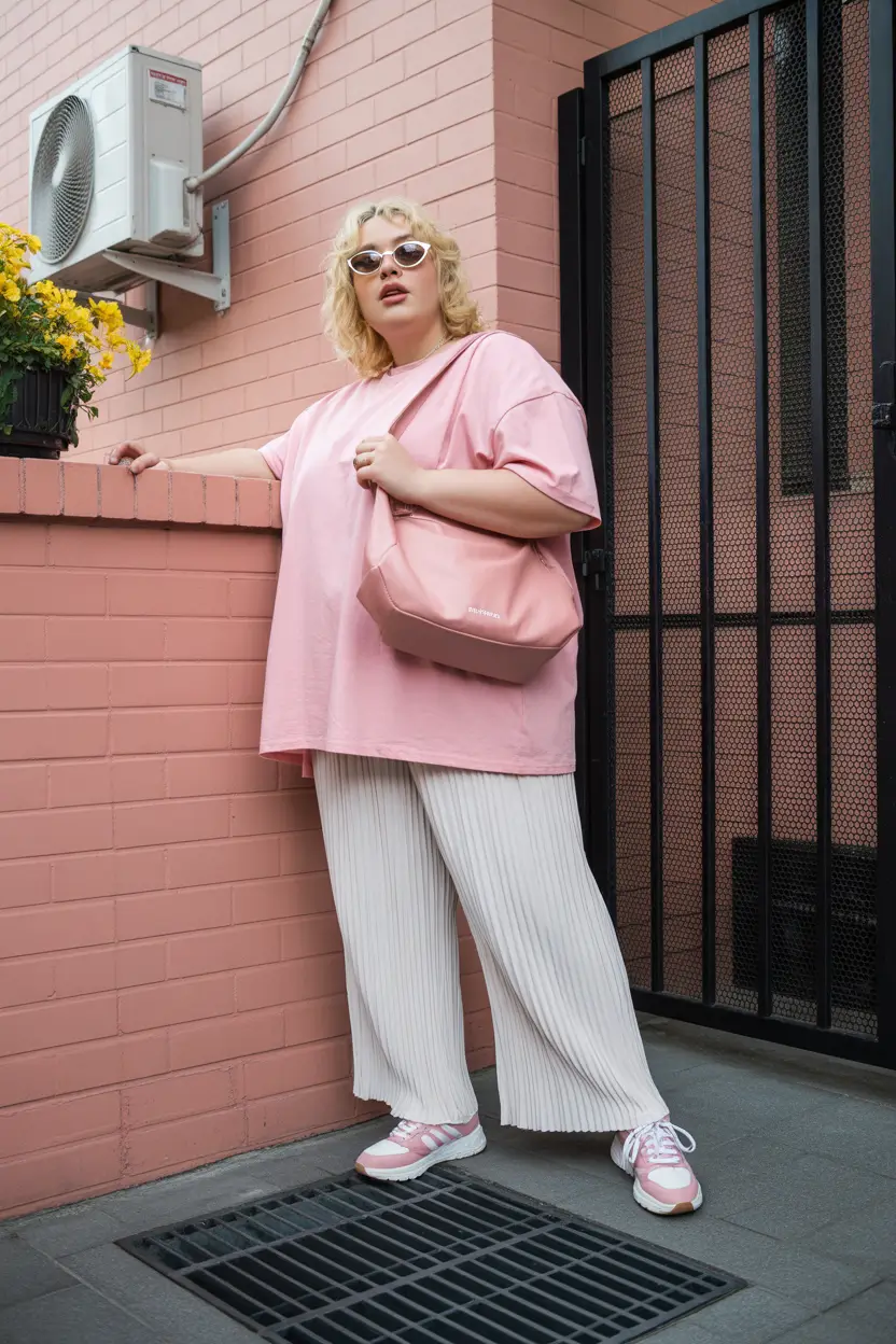 plussize spring 2026 fashion outfits Monochrome Pink Ease with Soft Pleated Pants