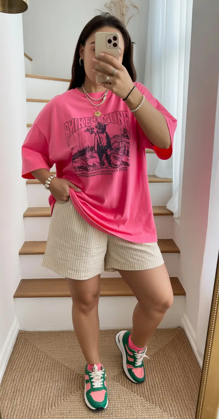 plussize spring 2026 fashion outfits Hot Pink Graphic Tee with Neutral Spring Shorts