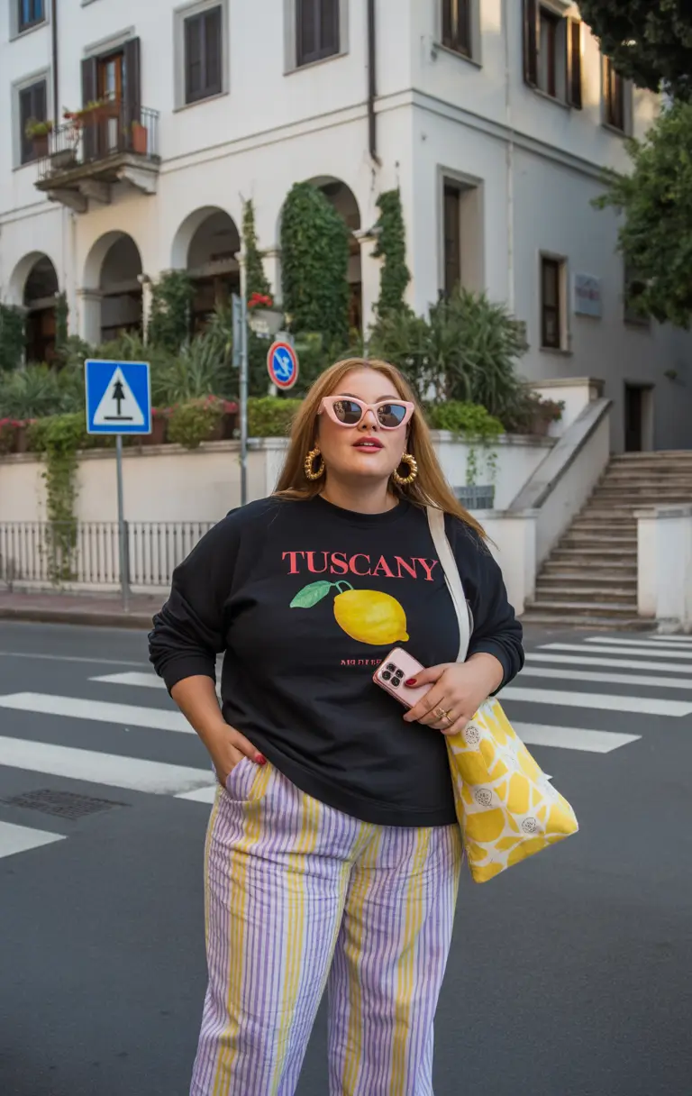 plussize spring 2026 fashion outfits Lemon Print Coolness with Striped Pastel Pants