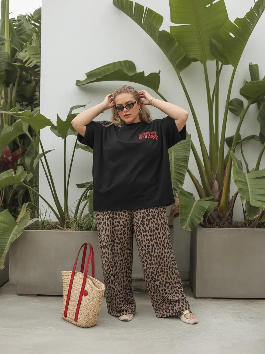 plussize spring 2026 fashion outfits Bold Graphic Black Tee with Leopard Softness