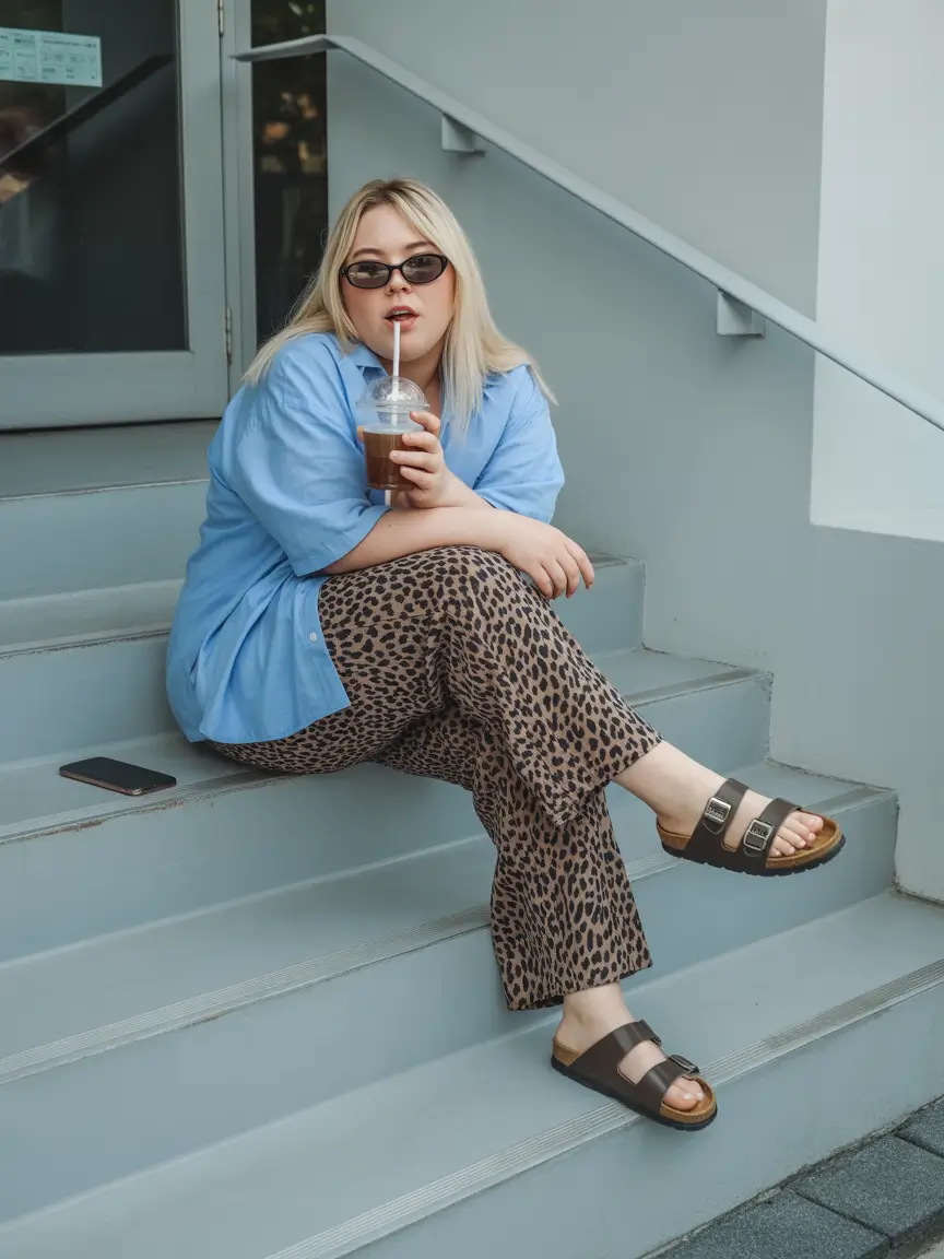 plussize spring 2026 fashion outfits Soft Blue Button-Down with Relaxed Leopard Trousers