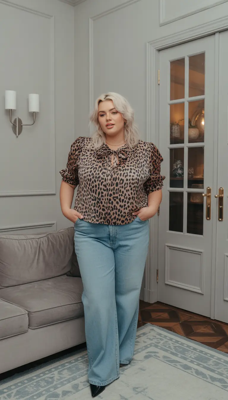 plussize spring 2026 fashion outfits Leopard Softness with Sleek Flared Denim