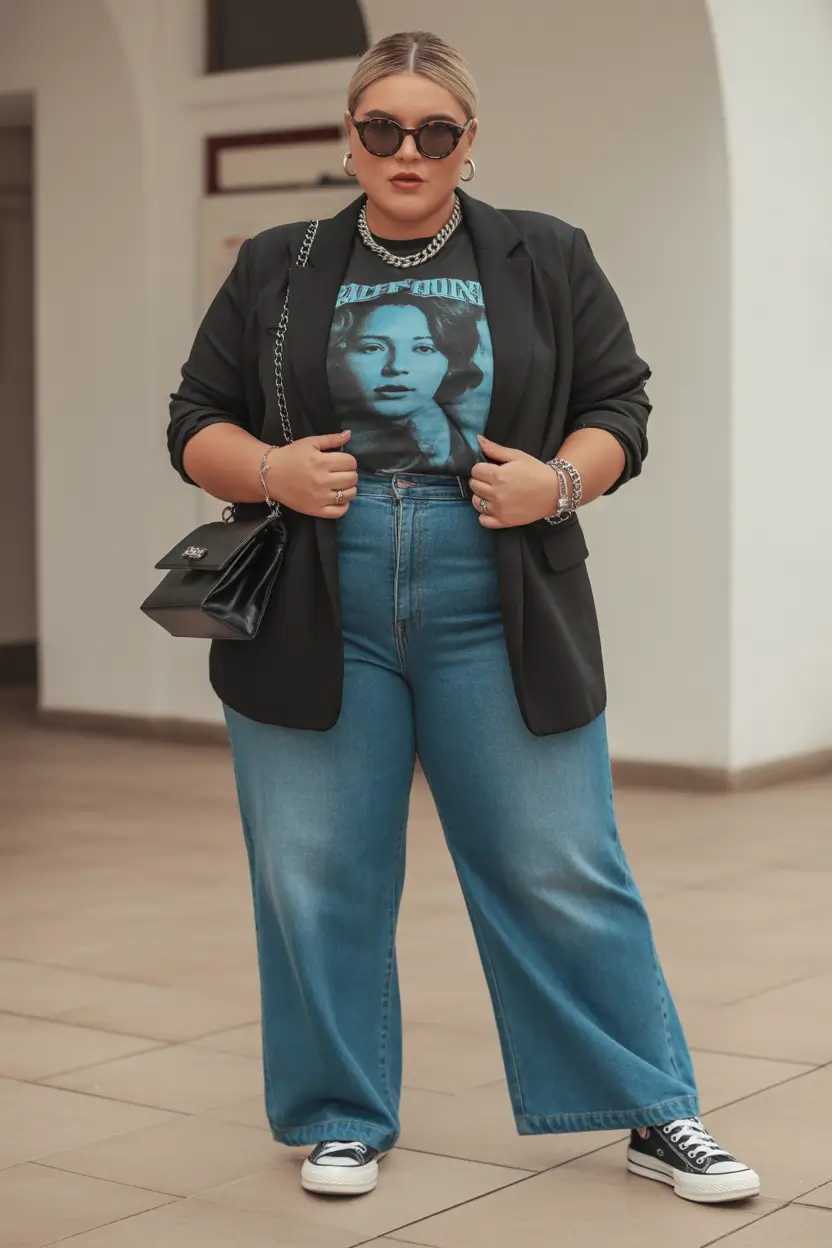 plussize spring 2026 fashion outfits Graphic Tee Power with Sleek Black Blazer