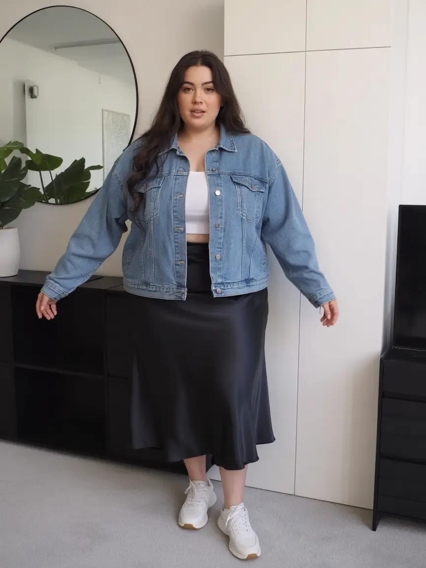 plussize spring 2026 fashion outfits Denim Jacket Coolness with a Sleek Satin Skirt