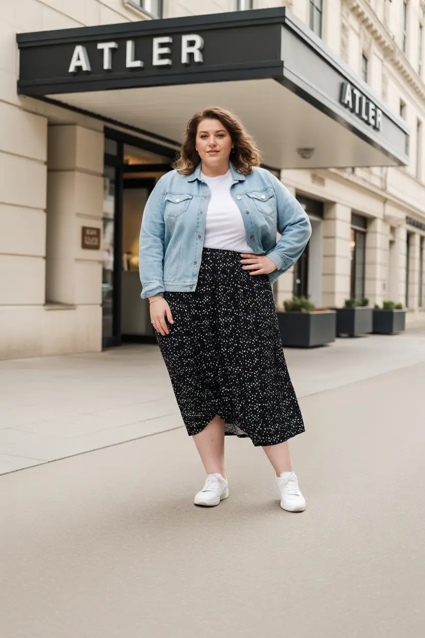 plussize spring 2026 fashion outfits Soft Denim Layers with a Breezy Midi Skirt