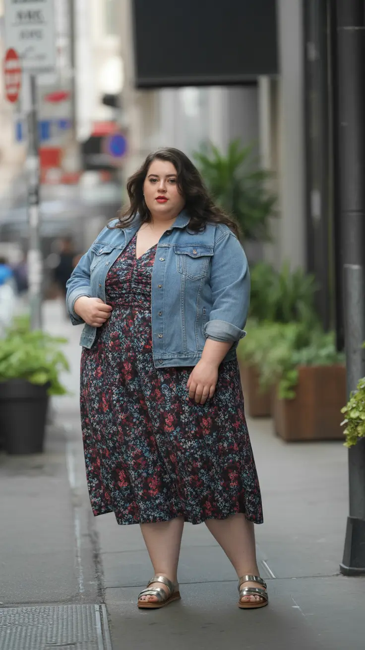 plussize spring 2026 fashion outfits Floral Confidence with a Classic Denim Jacket