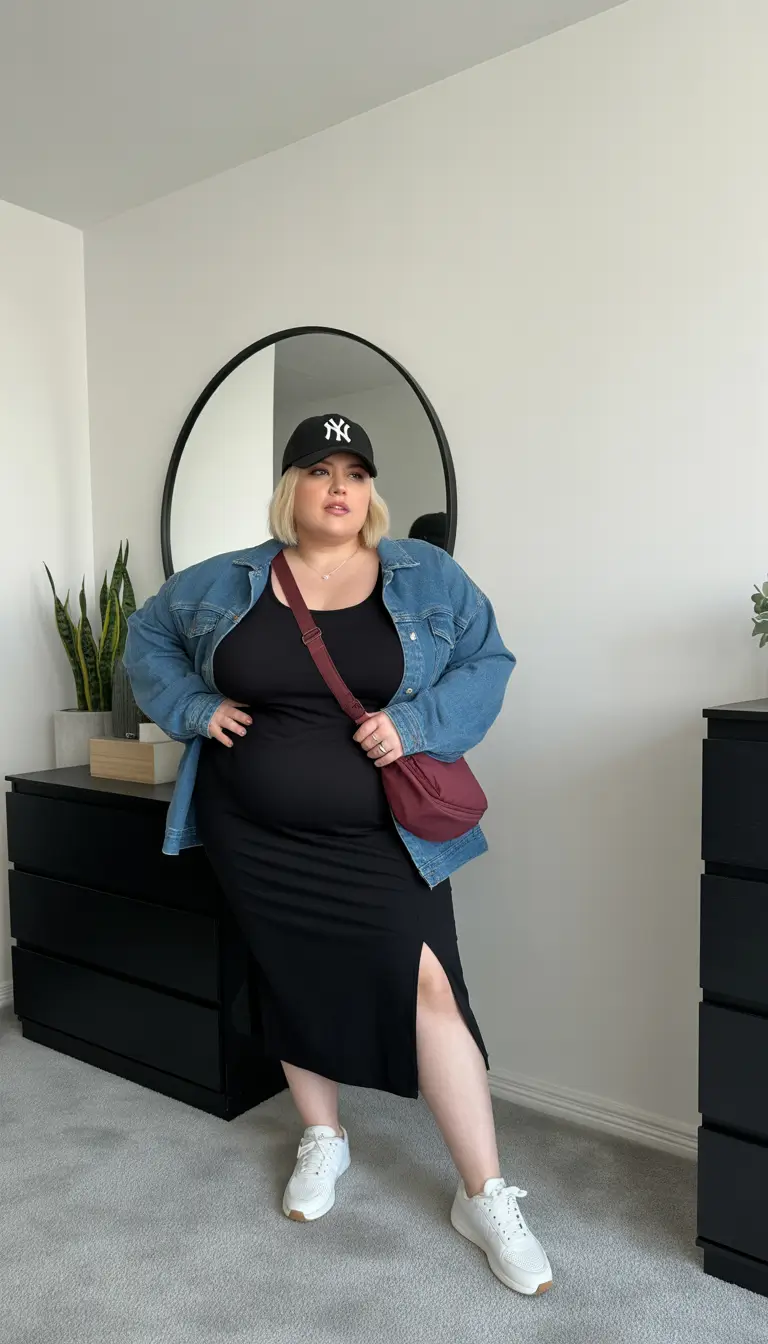 plussize spring 2026 fashion outfits Sporty Black Dress with Denim and a Street-Ready Edge
