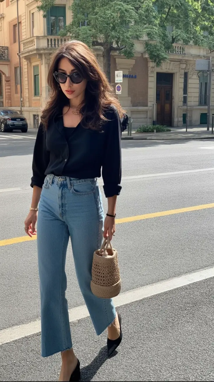 Old money Black Silk and Light Denim for Modern Spring Drama