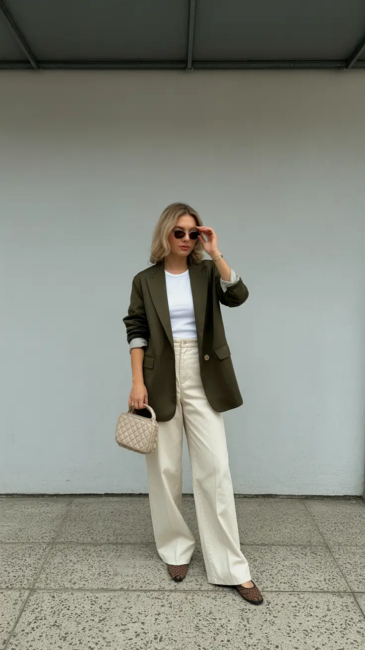 Spring Olive Blazer Ease With Creamy Spring Foundations