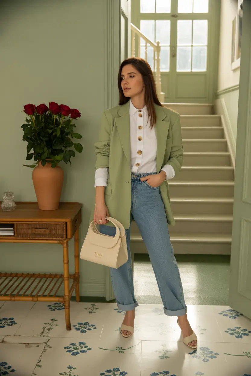 soft spring wardrobe hues 2026 - Pistachio Blazer and Clean Denim for Fresh Spring Structure