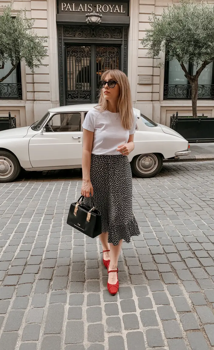 sophisticated</p>
<h2>A Soft Tee and Printed Skirt for Effortless Parisian Ease</h2>
<p>