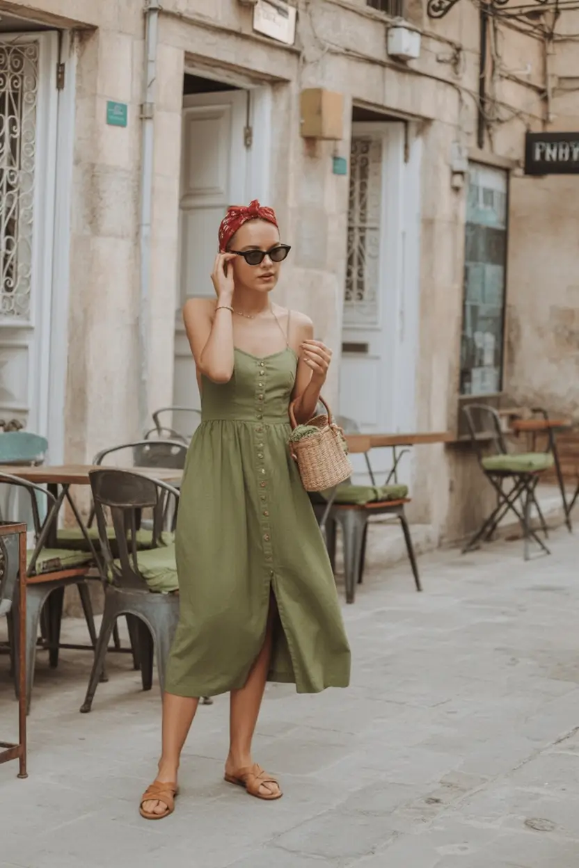 Casual Olive Button-Front Sundress With Retro Charm 2026