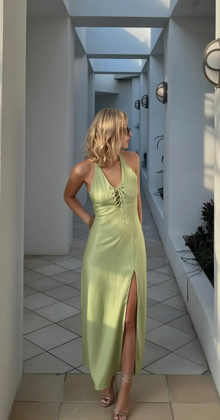 Casual Lime-Satin Halter Maxi With Breezy Glow 2026