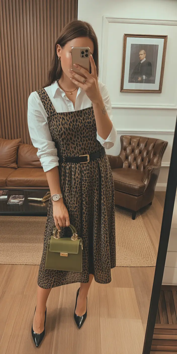 Casual Leopard Pinafore Dress With Work-Ready Structure 2026