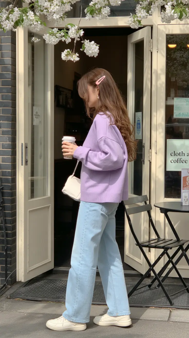 spring transition outfits Soft Lilac and Denim Under Blossoming Branches