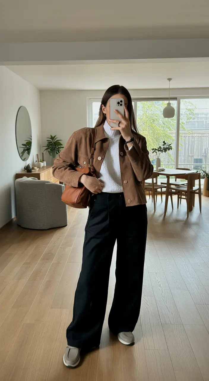 spring transition outfits Warm Browns and Clean Lines Indoors