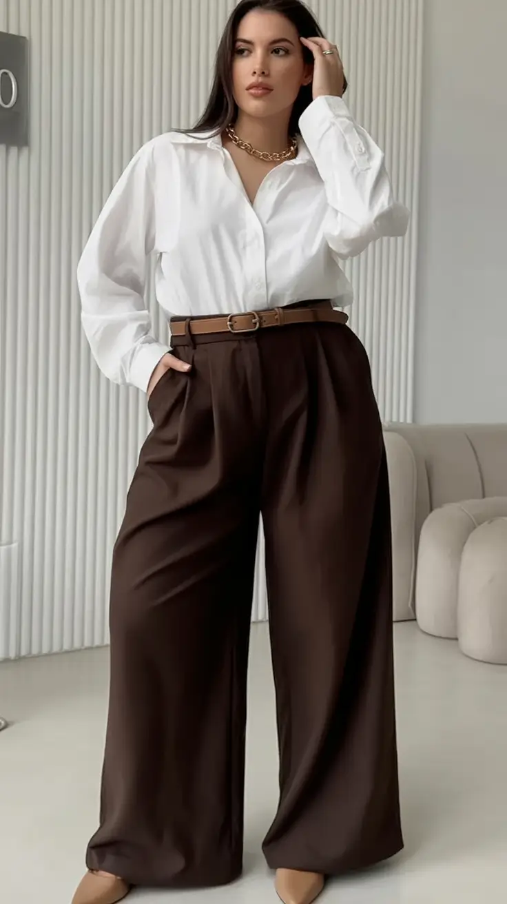 Ideas 2026 Warm Whites and Rich Chocolate Trousers