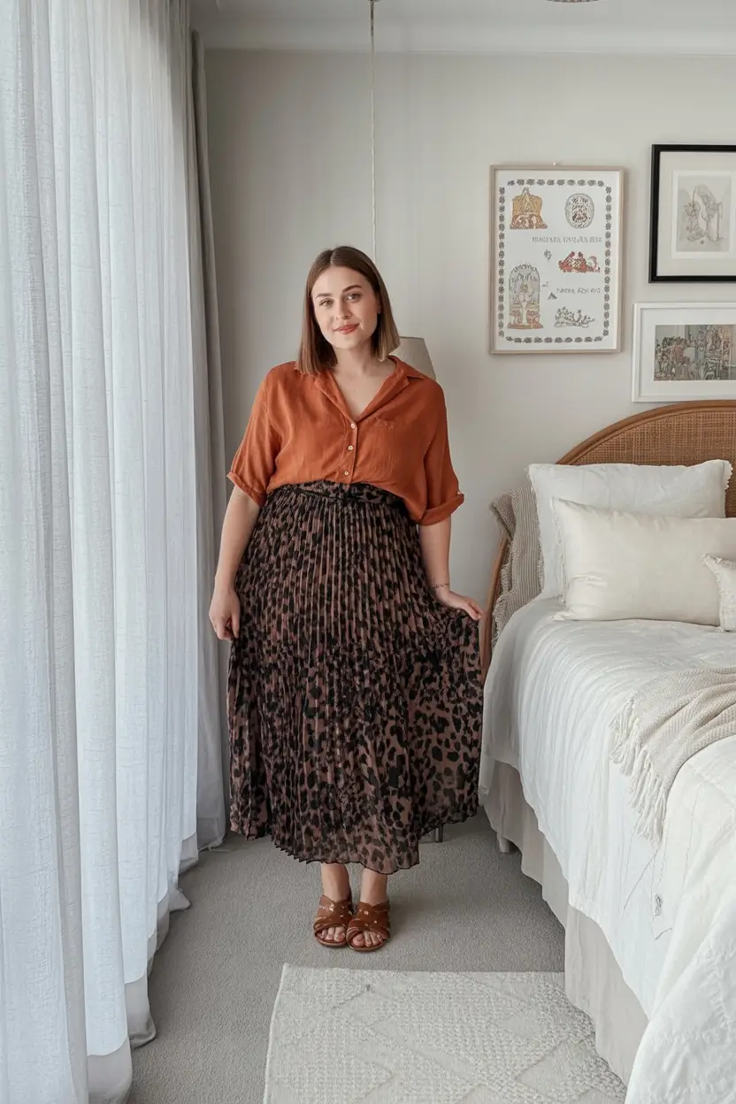 Ideas 2026 Rust-Toned Ease With a Flowing Leopard Skirt