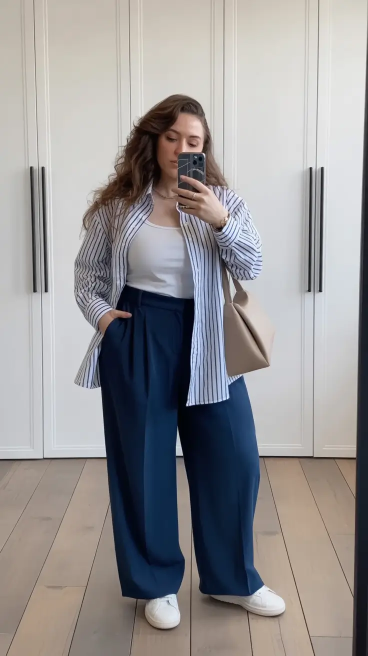 Ideas 2026 Striped Layers and Navy Trousers for an Effortlessly Sharp Spring Look