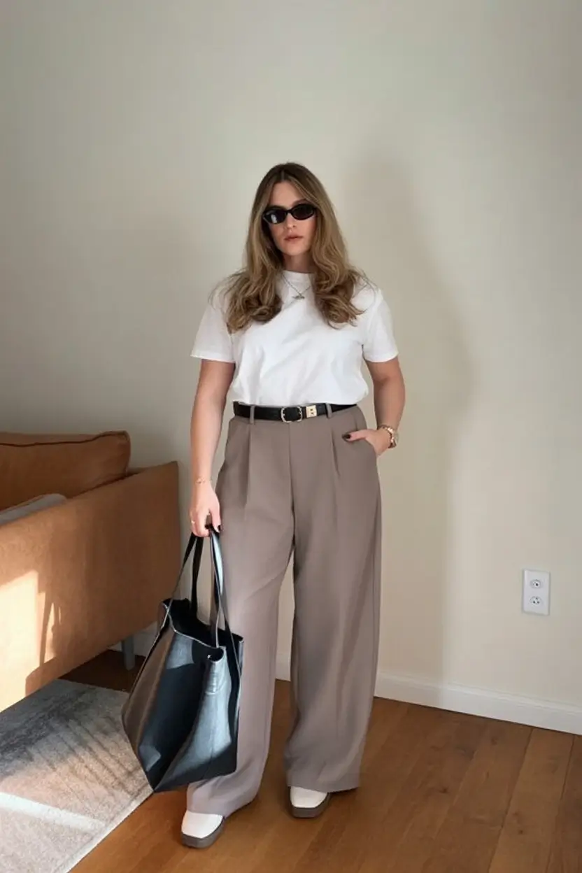 Ideas 2026 Minimalist Taupe Trousers With a Clean White Tee