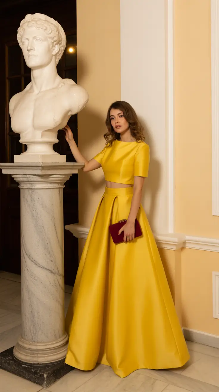 Spring Wedding Outfit Golden Satin Two Piece 2026