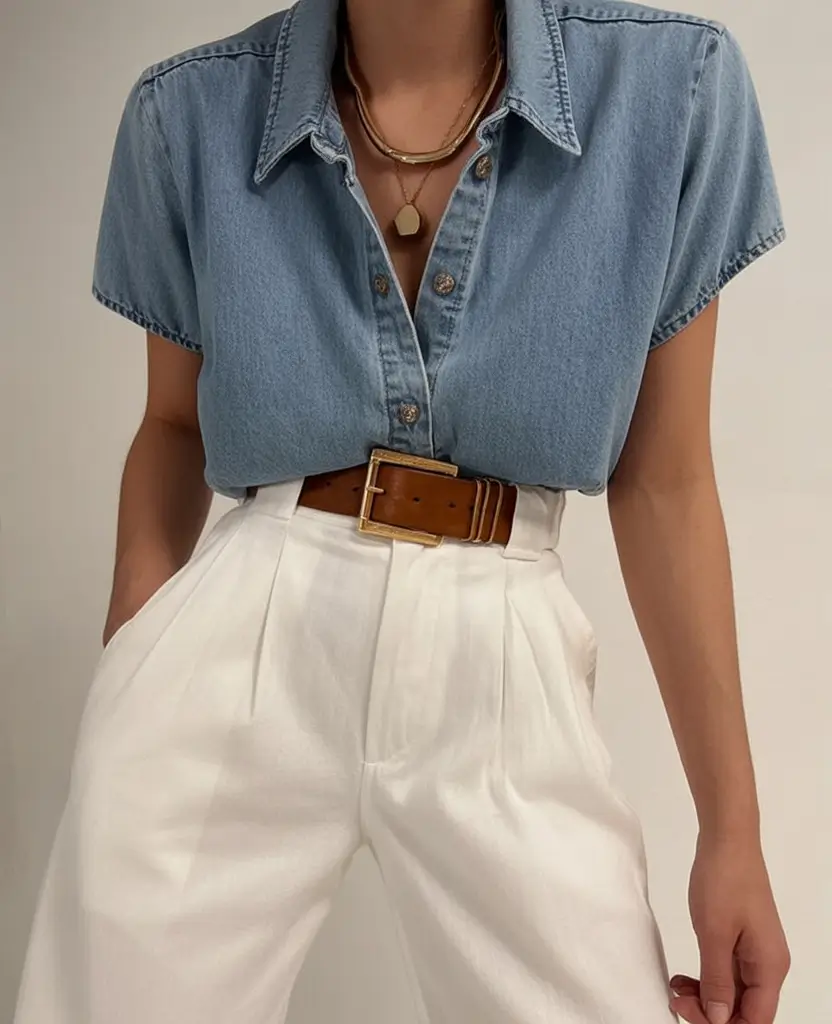 chicago-spring-outfits-2026-Denim-Shirt-Elegance-with-Crisp-White-Trousers