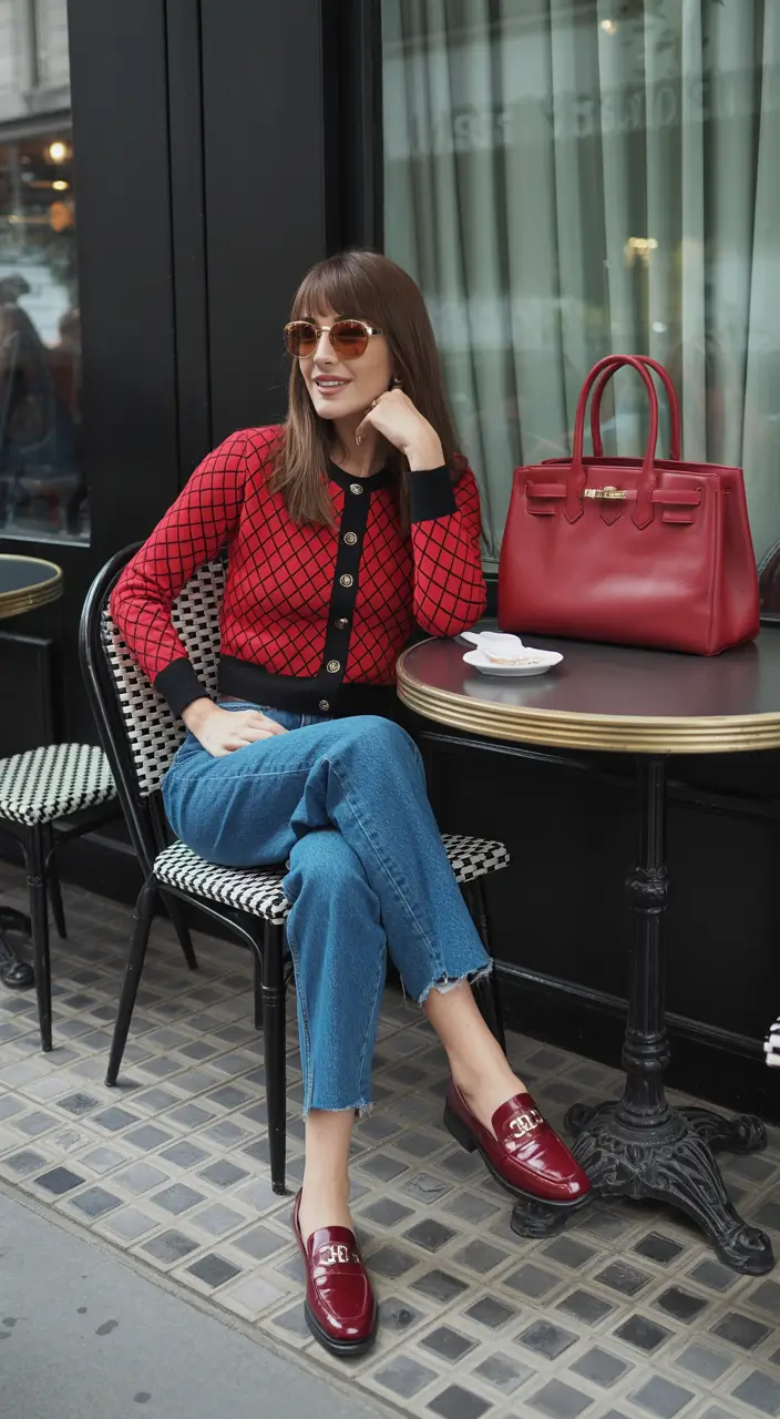 chicago-spring-outfits-2026-Retro-Red-and-Denim-for-a-Bold-Café-Moment