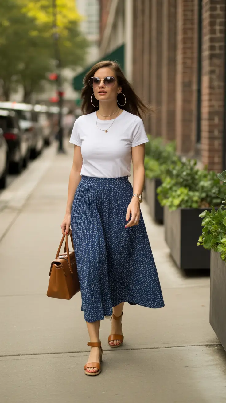 2026 Flowy Blue Skirt and White Tee for Light Spring Movement