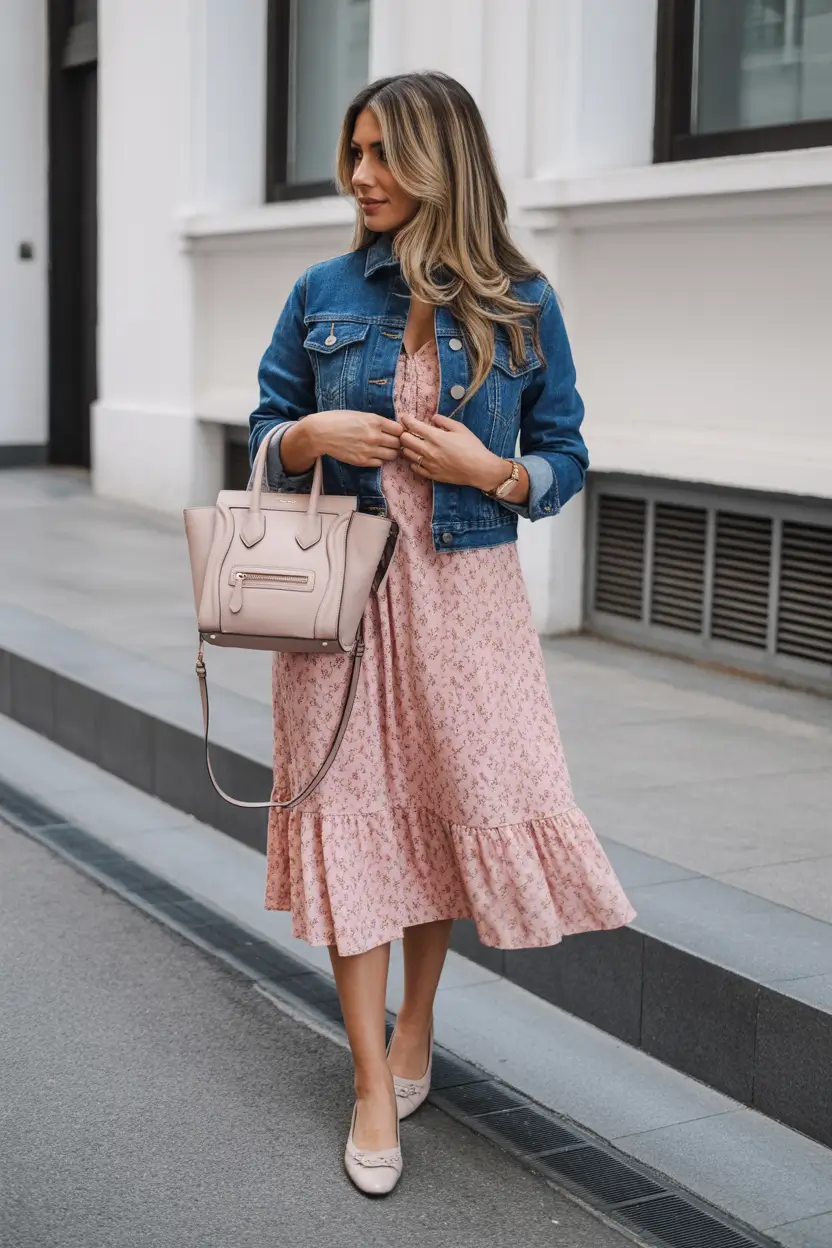 2026 Pink Floral Dress with Denim Jacket for Soft Urban Romance
