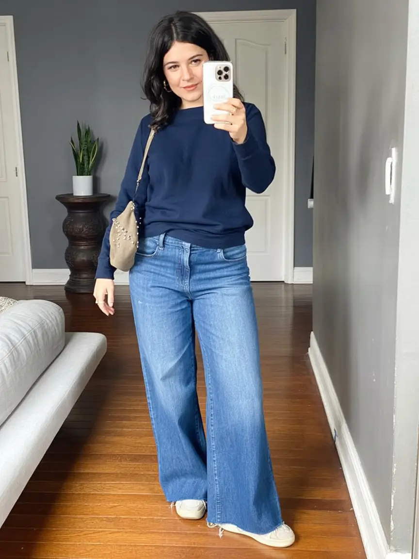 2026 Navy Sweater and Wide Denim for Clean Minimal Spring Style