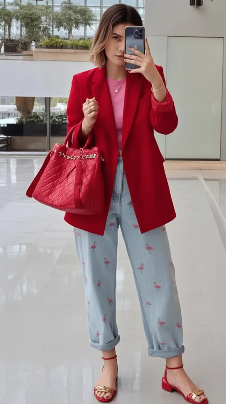 2026 Bold Red Tailoring with Playful Denim Ease
