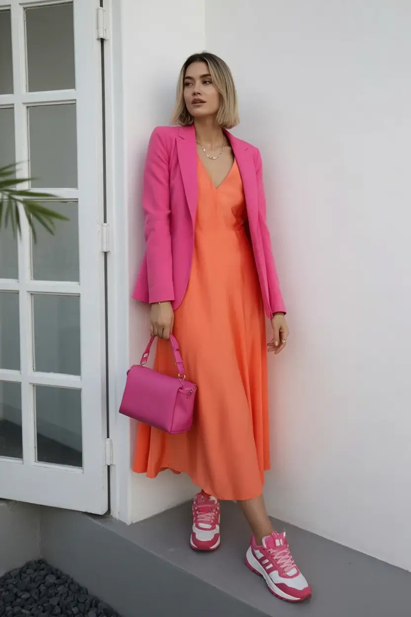 2026 Vibrant Midi Dress and Pink Blazer for Spring Color Confidence