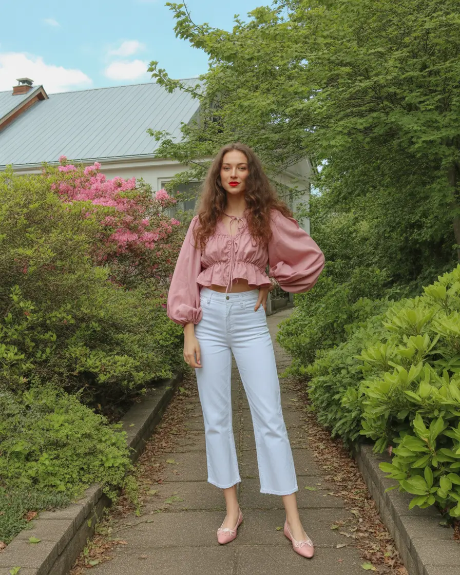 Effortless Dusty-Rose Volume and Clean White Denim