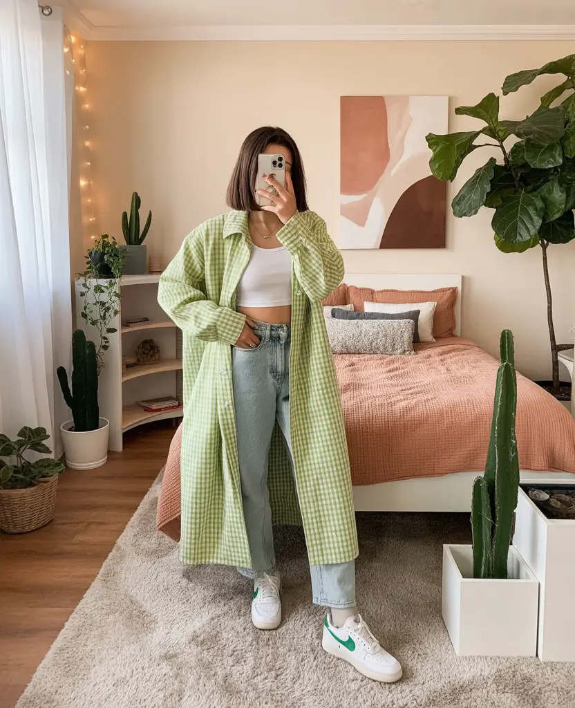 Fresh Lime Gingham Layers with Soft-Denim Foundations