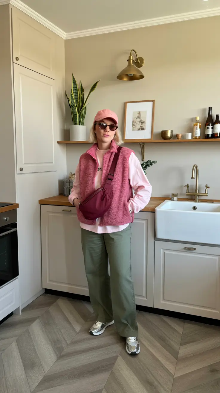 Relaxed Warm Pink Layers With Earth-Green Ease