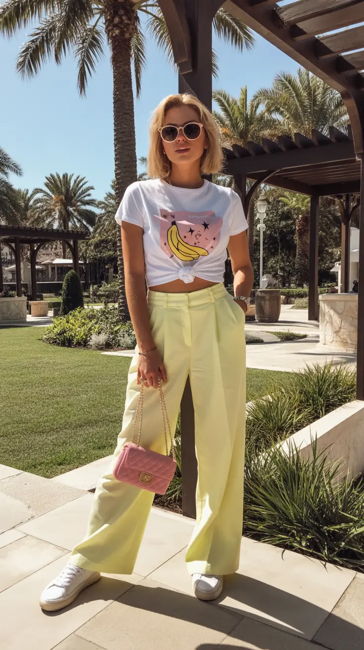 Effortless Soft Citrus Trousers With Playful Graphic Energy
