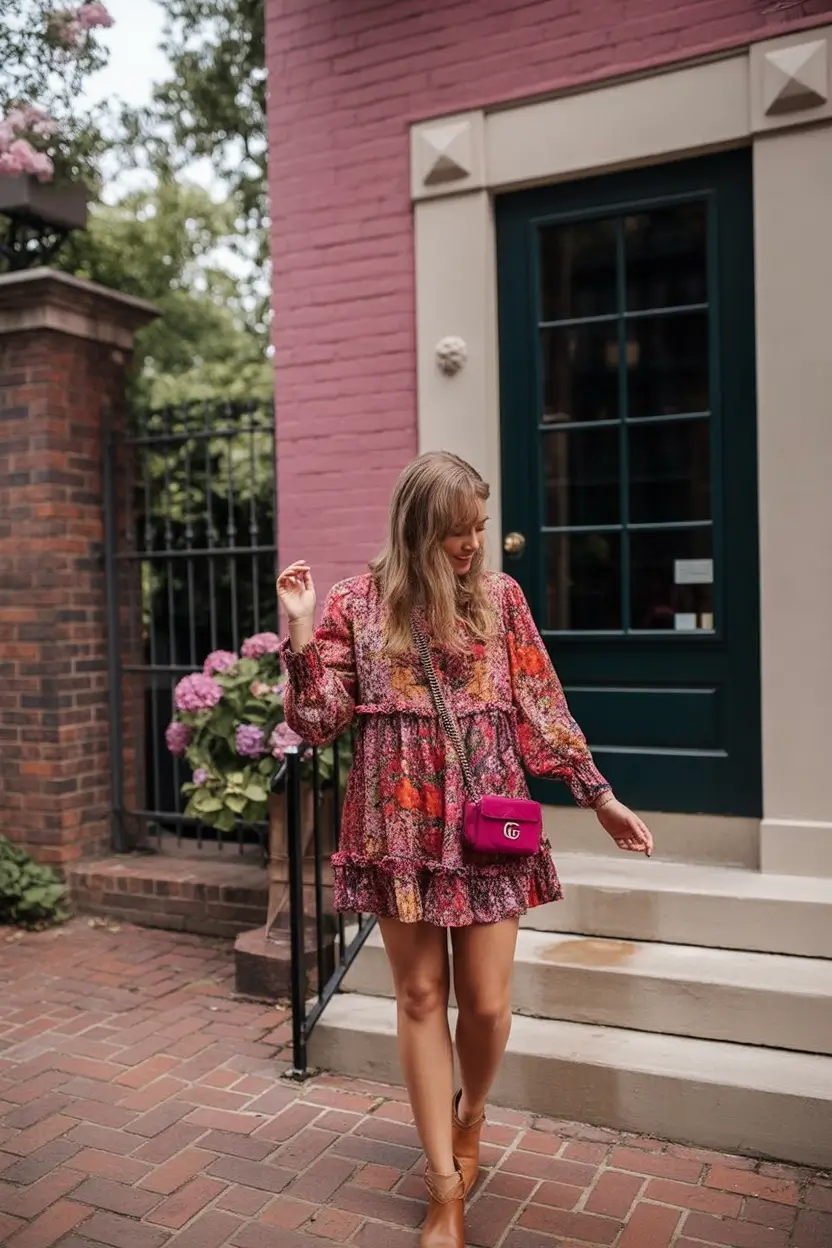 Natural Floral Breeze Dress with Warm-Toned Accessories