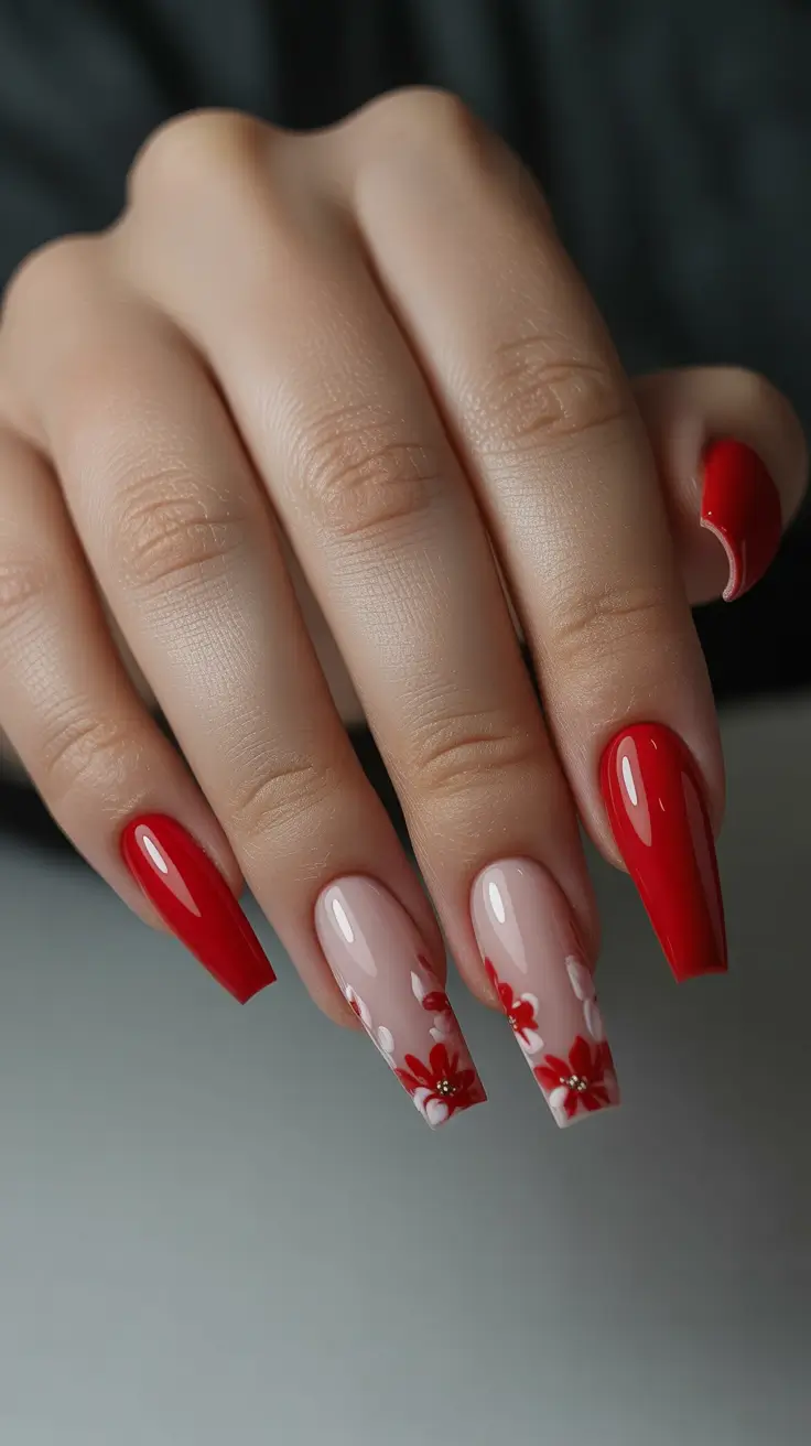 spring nail colors 2026 Bold Scarlet Florals for Spring Nights