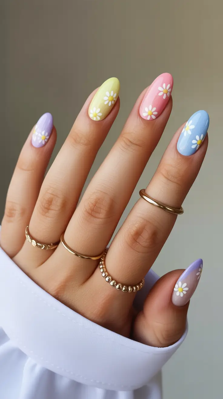 spring nail colors 2026 Pastel Daisy Meadow in Multicolor Harmony