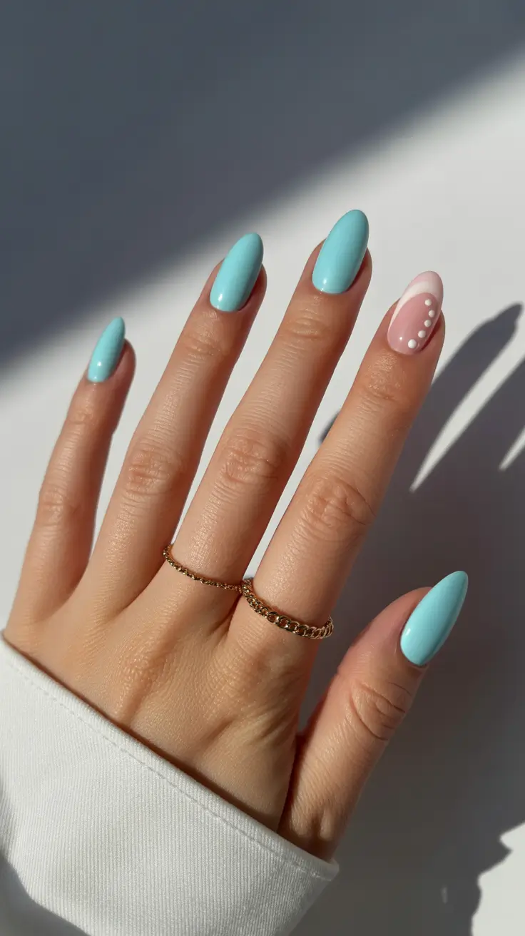 spring nail colors 2026 Baby Blue Shine with Pink Accent Pearls