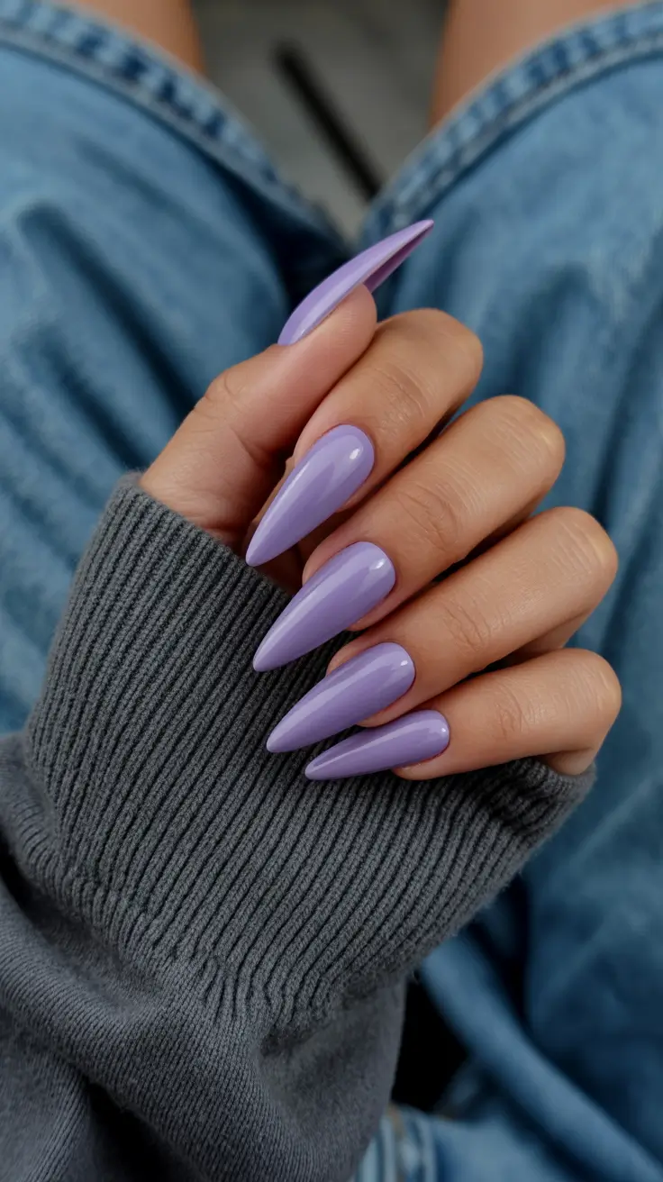 spring nail colors 2026 Glossy Lilac Stiletto for Simple Spring Drama
