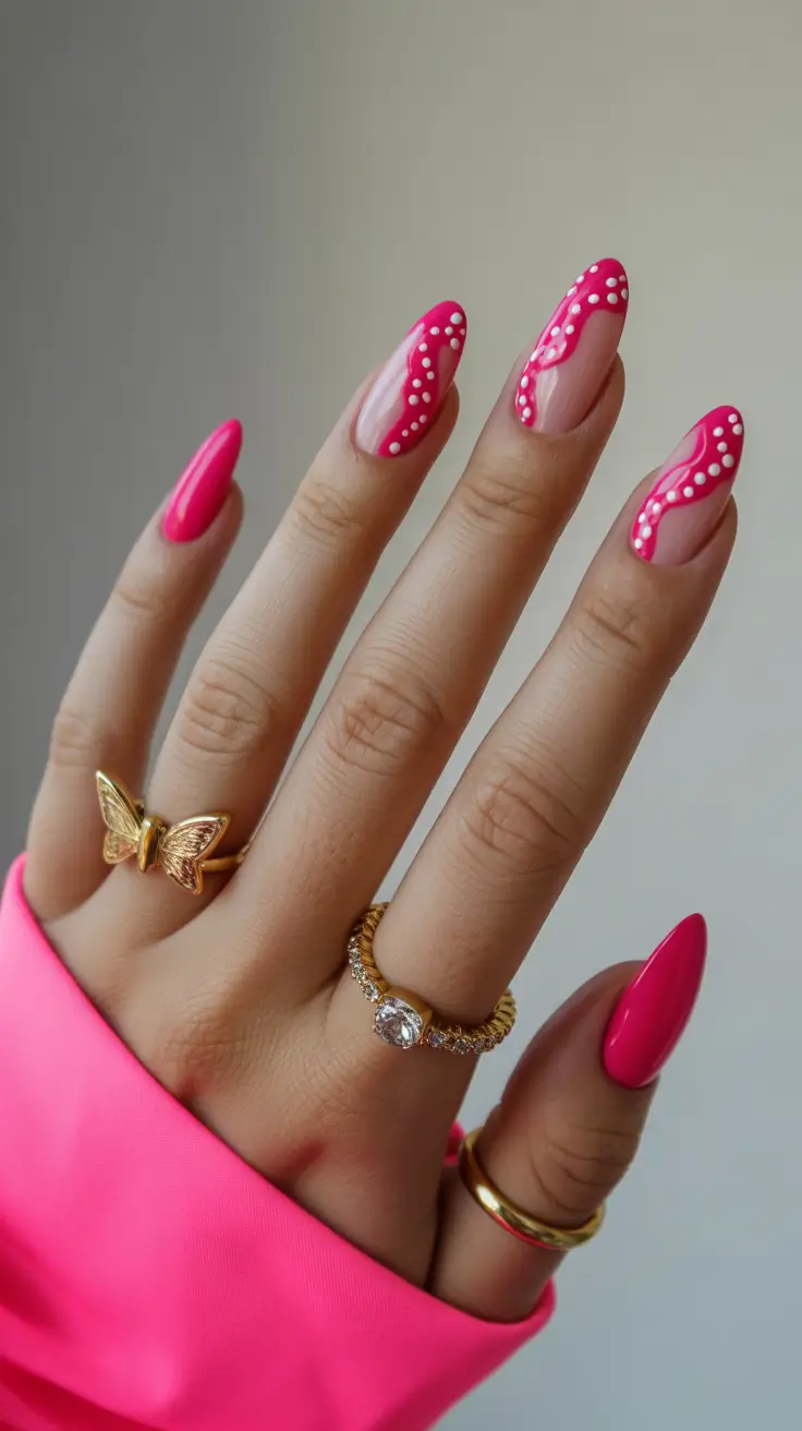 spring nail colors 2026 Hot Pink Waves with Retro Dots