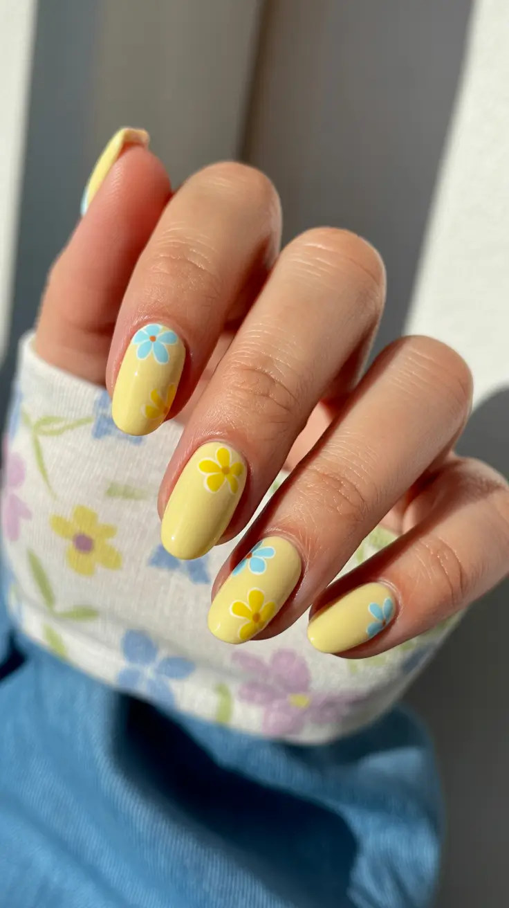 spring nail colors 2026 Soft Pastel Blossoms on a Yellow Base