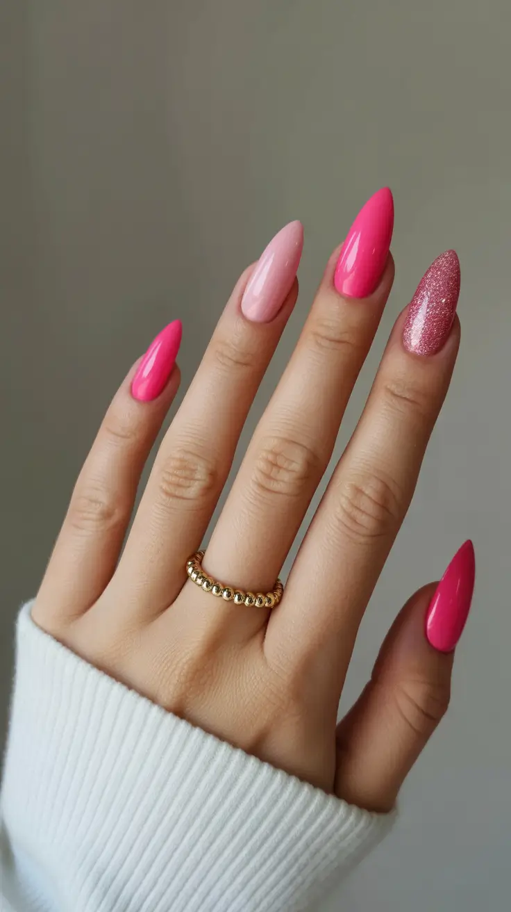 spring nail colors 2026 Pink Sugar Gradient with Glitter Spark