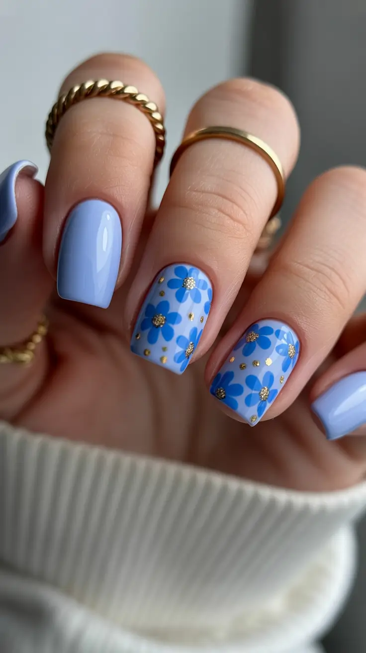 spring nail colors 2026 Blue Spring Petals with Golden Glow